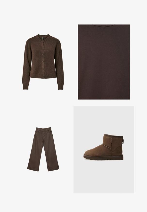 Brun cardigan med rund hals, lange ærmer og knaplukning. Fremstillet af et blødt tekstureret materiale, med en tætsiddende silhuet.; Mørkebrun t-shirt med rund hals lavet af blødt strikket stof med fin ribstruktur.; Bredde ben brune denim bukser med et klassisk fem-lomme design, der har en knaplukning og en glat overflade.; UGG CLASSIC MINI II - Vinterstøvler - dusted cocoa