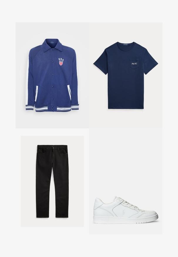 Marineblaue Jacke mit weißen Akzenten, Knopfverschluss und Seitentaschen. Verfügt über ein "USA"-Emblem mit Sternen und Streifen, gerippte Bündchen und Saum.; Marineblaues T-Shirt mit kurzen Ärmeln, rundem Ausschnitt und Brusttasche, bestickt mit "Polo RL" in Weiß.; Schwarze Denim-Jeans mit geradem Bein, fünf Taschen Design und subtiler Struktur. Metalknopf und Reißverschluss als Verschlussdetail.; Weißer Ledersneaker mit glatter Textur, ausgestattet mit einer perforierten Zehenpartie, Schnürverschluss und gesticktem Logo an der Seite. Weiße Gummisohle.