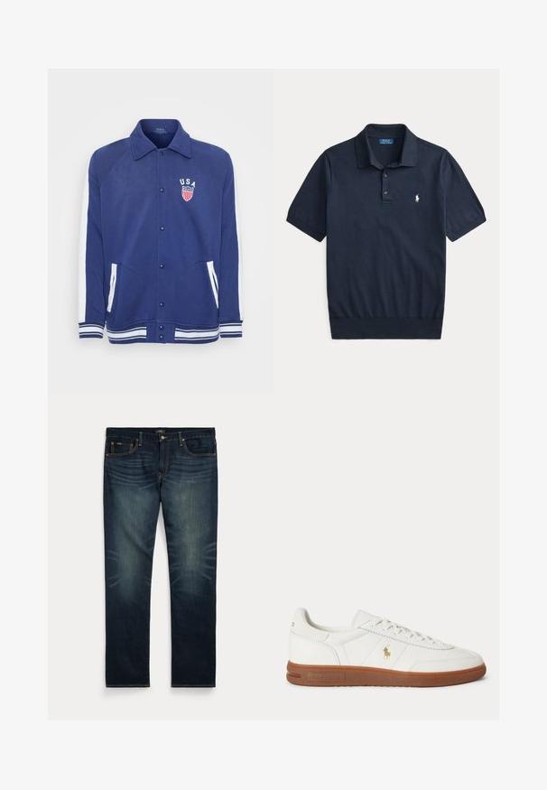 Marineblå jakke med hvide detaljer, knaplukning og sidelommer. Har et "USA" emblem med stjerner og striber, ribbede manchetter og kant.; Mørkeblå polo-shirt med korte ærmer, krave, to knapper og et lille hvidt broderet logo på venstre bryst.; Mørkeblå denimjeans med subtil falming på forreste lår og orange syninger, med knap- og lynlåslukning samt fem lommer.; Hvid lavt sneaker med brun sål, snørebånd foran og lille guld Polo Ralph Lauren-logo på siden.