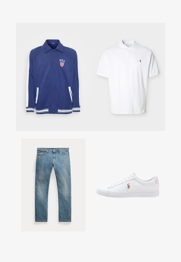 Marineblå jakke med hvide detaljer, knaplukning og sidelommer. Har et "USA" emblem med stjerner og striber, ribbede manchetter og kant.; Hvid kortærmet poloshirt med krave, tre knapper og lille mørkeblåt broderet logo på venstre bryst.; Lyseblå denimjeans med lige snit, knaplynlås, fem lommer, diskret slid og syninger som detalje.; Hvide kanvas sneakers med lågtop design, prydet med en beige hælkappe og et lille broderet logo på siden. Gummisål.