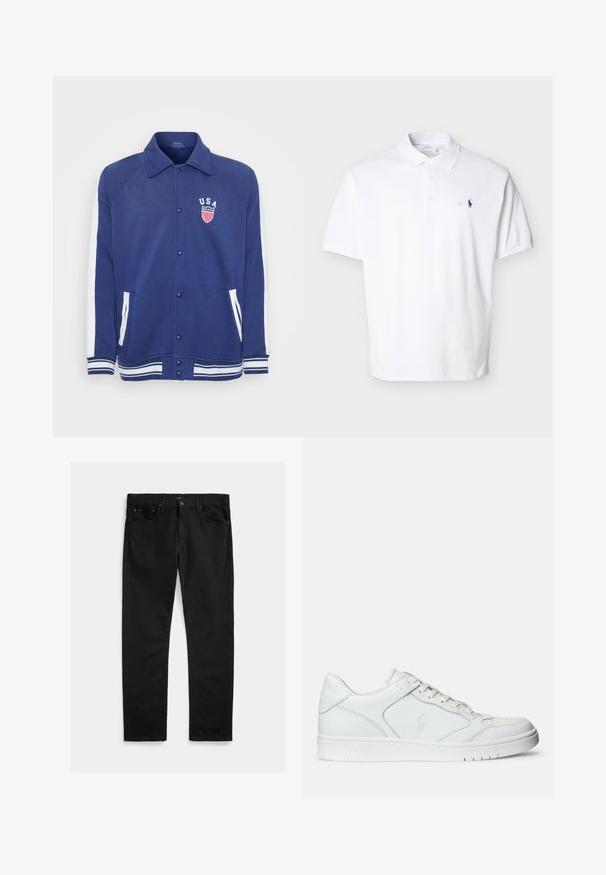 Marineblå jakke med hvide detaljer, knaplukning og sidelommer. Har et "USA" emblem med stjerner og striber, ribbede manchetter og kant.; Hvid kortærmet poloshirt med krave, tre knapper og lille mørkeblåt broderet logo på venstre bryst.; Sorte denim jeans med lige ben, fem-lomme design og subtil tekstur. Metalknap og lynlås lukning.; Hvide lædersneakers med en glat tekstur, der har en perforeret tå, snørebåndslukning og broderet logo på siden. Hvid gummisål.