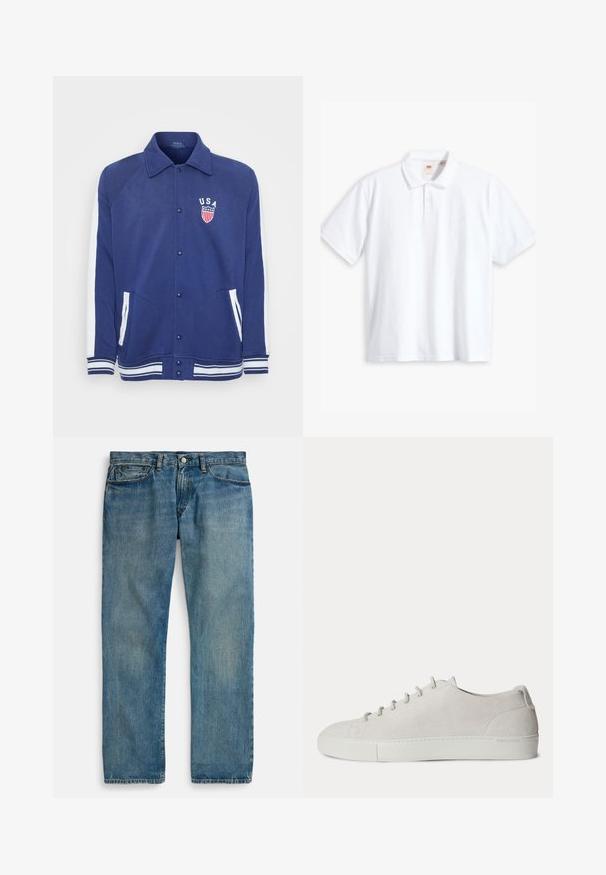 Marineblaue Jacke mit weißen Akzenten, Knopfverschluss und Seitentaschen. Verfügt über ein "USA"-Emblem mit Sternen und Streifen, gerippte Bündchen und Saum.; Weißes Polohemd aus Baumwolle, kurze Ärmel, zwei Knöpfe, gesticktes Markenlogo auf der Brust, klassischer Kragen, einfarbig.; Hellblaue Jeans aus Denim mit geradem Bein, fünf Taschen, Knopfverschluss und dezenter Used-Optik für mehr Textur.; Weißer Low-Top Veloursleder-Sneaker mit Schnürung vorne und Gummisohle, minimalistisches Design.