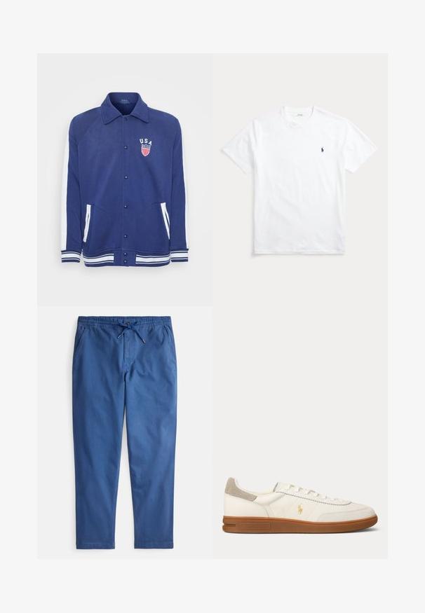 Marineblå jakke med hvide detaljer, knaplukning og sidelommer. Har et "USA" emblem med stjerner og striber, ribbede manchetter og kant.; Hvid T-shirt med korte ærmer og rund hals med lille navyblåt broderet polo-spiller logo på venstre bryst.; Blå bukser i bomuldsblanding med elastisk talje med snøre, sidelommer og et tilspidset ben design for en afslappet pasform.; Hvid læder lav sko med brun gummi sål, beige ruskind hæl patch og lille gyldent Polo-logo på siden.