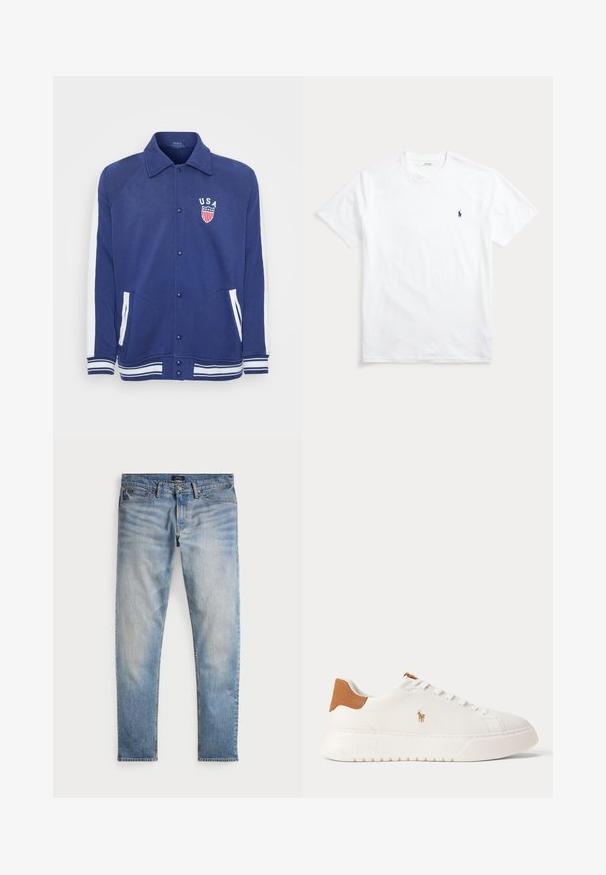 Marineblaue Jacke mit weißen Akzenten, Knopfverschluss und Seitentaschen. Verfügt über ein "USA"-Emblem mit Sternen und Streifen, gerippte Bündchen und Saum.; Weißes T-Shirt mit kurzen Ärmeln und Rundhalsausschnitt mit kleinem königsblau besticktem Polo-Spieler-Logo auf der linken Brust.; Helle blaue Denim-Jeans mit einem ausgewaschenen Finish, Fünf-Taschen-Design und kontrastierenden Nähten. Mit Reißverschluss und Gürtelschlaufen. Gerade geschnitten.; Weißer Sneaker mit niedrigem Schaft, beige Fersenlasche, weißen Schnürsenkeln und kleinem, besticktem Polospieler-Logo an der Seite über einer dicken Sohle.