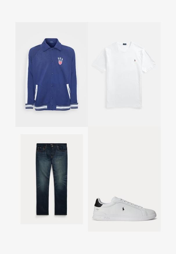 Marineblå jakke med hvide detaljer, knaplukning og sidelommer. Har et "USA" emblem med stjerner og striber, ribbede manchetter og kant.; Hvid bomulds T-shirt med rund hals og korte ærmer, med et lille farverigt broderet logo på venstre bryst. Glat tekstur, klassisk pasform.; Mørkeblå denimjeans med lige ben, subtil falmning nær knæene og orange syninger på lommer og sømme.; Hvid lavtop sneaker med sort hælfane, snørebånd og Polo Ralph Lauren-logo på siden, med præget såldetaljer.