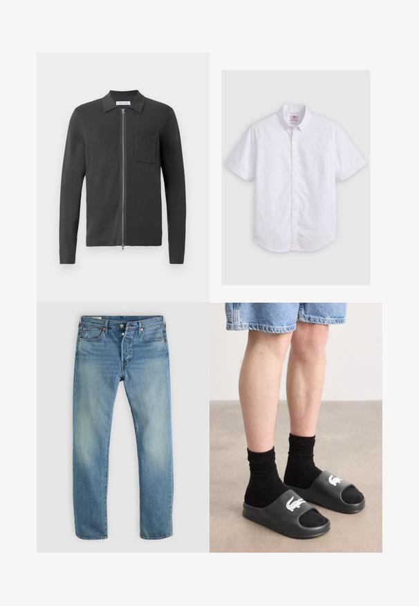 Samsøe Samsøe GUNA ZIP - Chaqueta de punto - black oyster; Camisa blanca de algodón de manga corta, con cuello abotonado, textura sutil, dobladillo curvado y cierre de botones tradicional.; Jeans de mezclilla azul claro con un diseño de pierna recta, que cuenta con un diseño de cinco bolsillos, herrajes de cobre y un ligero desvanecimiento en la tela.; Sandalias deslizantes negras con punta abierta, con un logo de cocodrilo blanco, usadas con calcetines cortos negros y pantalones cortos de mezclilla. Material de caucho suave.