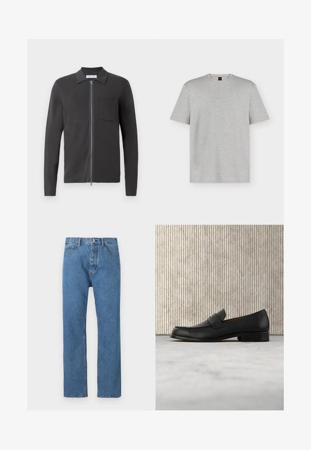 Samsøe Samsøe GUNA ZIP - Vest - black oyster; Lichtgrijs T-shirt met korte mouwen en ronde hals met subtiel geperst "BOSS"-logo in het midden van de borst.; Lichtblauwe spijkerbroek met rechte pijpen, vijf zakken, een knoopsluiting en subtiele stiksel details langs de naden.; Zwarte leren loafer zweeft boven een beige tapijt met op de achtergrond een glanzende, ronde, bruine tafel.