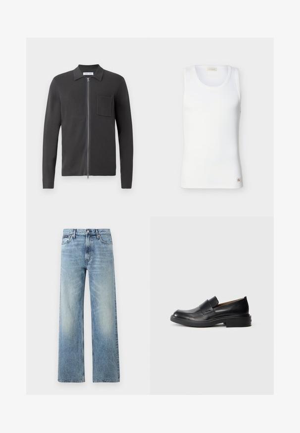 Samsøe Samsøe GUNA ZIP - Chaqueta de punto - black oyster; Camiseta sin mangas blanca acanalada con escote redondo y pequeña etiqueta con el logo de Calvin Klein cerca del dobladillo sobre un fondo liso.; Vaqueros de mezclilla azul claro de corte recto con cintura alta, cinco bolsillos, cierre de botón y sutil desgaste en los muslos y las rodillas.; Zapato de vestir negro de cuero sin cordones con tacón bajo y un sutil logo de Calvin Klein en el lateral, mostrado en perfil sobre un fondo blanco.