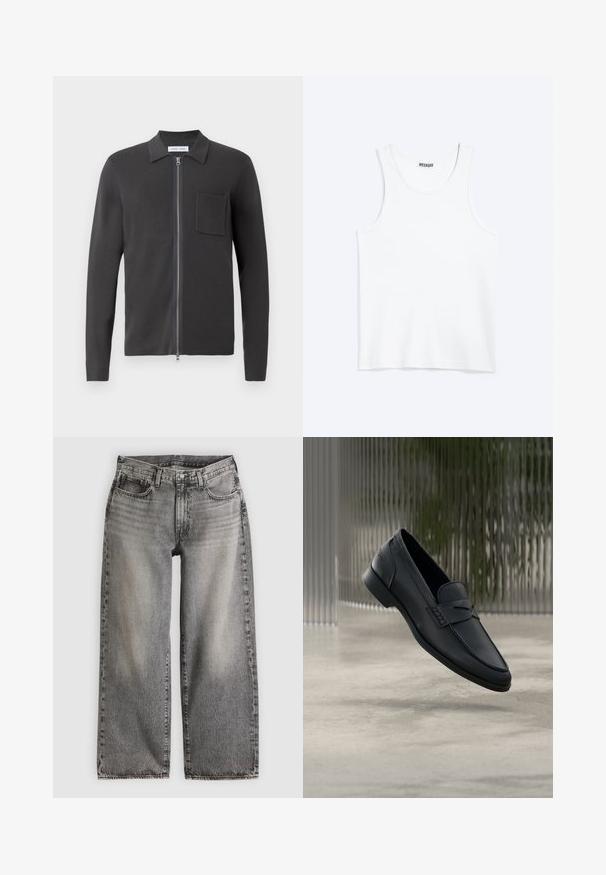 Samsøe Samsøe GUNA ZIP - Gilet - black oyster; Débardeur blanc sans manches avec col rond et étiquette de la marque Weekday à l'intérieur du col arrière, présenté à plat sur un fond clair.; Jean large en denim noir délavé, avec une taille haute, cinq poches et des détails de couture subtils le long des coutures.; Mocassin en cuir noir à finition lisse, bout pointu et détails cousus sur le dessus. Talon bas et design minimaliste.