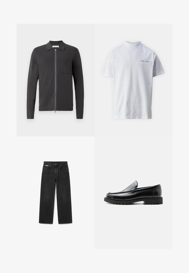Samsøe Samsøe GUNA ZIP - Chaqueta de punto - black oyster; Camisa de algodón blanca con un cuello alto y mangas cortas. Presenta el logo "SAMSØE SAMSØE" en negro en la parte delantera. Textura suave.; Vaqueros de mezclilla negros de pierna recta con botón y cremallera delanteros, cinco bolsillos y una pequeña etiqueta de marca en el bolsillo delantero derecho.; Mocasín de cuero negro con suela de goma gruesa, empeine cosido y nombre de la marca en relieve en el talón, mostrado en perfil lateral sobre fondo blanco.