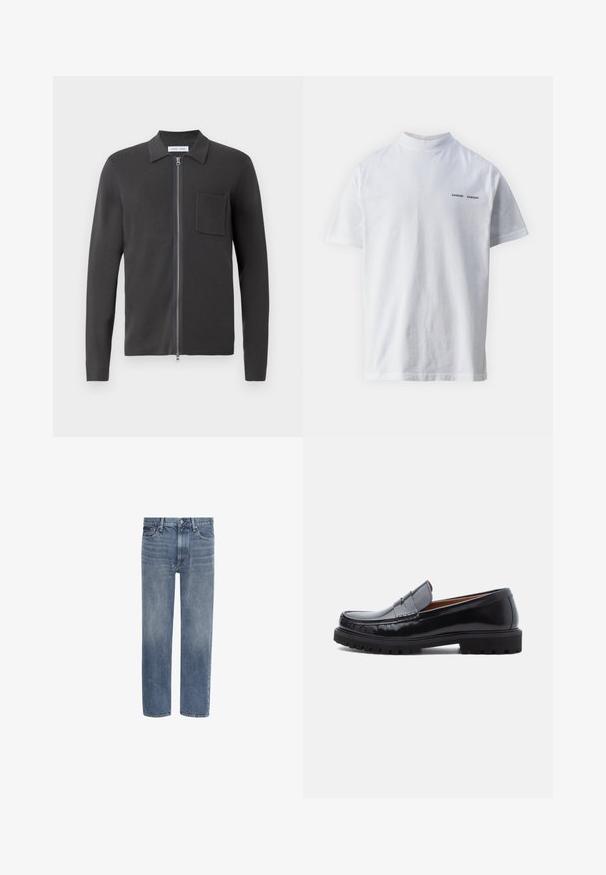 Samsøe Samsøe GUNA ZIP - Vest - black oyster; Witte katoenen t-shirt met een hoge hals en korte mouwen. Voorzien van het 'SAMSØE SAMSØE' logo in het zwart op de voorkant. Glad van textuur.; Blauwe spijkerbroek met rechte pijpen, voorzakken, riemlussen en een knoopsluiting.; Zwarte leren penny loafer met chunky rubberen zool en moc-toe stiksel, in profiel weergegeven op een witte achtergrond.