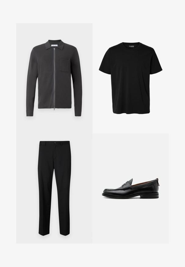 Samsøe Samsøe GUNA ZIP - Ζακέτα - black oyster; Απλό μαύρο κοντομάνικο T-shirt με στρογγυλή λαιμόκοψη, ανδρική εφαρμογή και χωρίς εμφανή σχέδια ή λογότυπα μπροστά.; Μαύρο tailored παντελόνι με επίπεδο μπροστινό μέρος, κανονική μέση και ίσια πόδια. Φτιαγμένο από λείο ύφασμα, με κλείσιμο με έναν μόνο κουμπί.; Μαύρο δερμάτινο ανδρικό μοκασίνι με ραφή moc toe, λουράκι penny, υφασμένο γιακά και χαμηλό συστοιχισμένο τακούνι σε λευκό φόντο.
