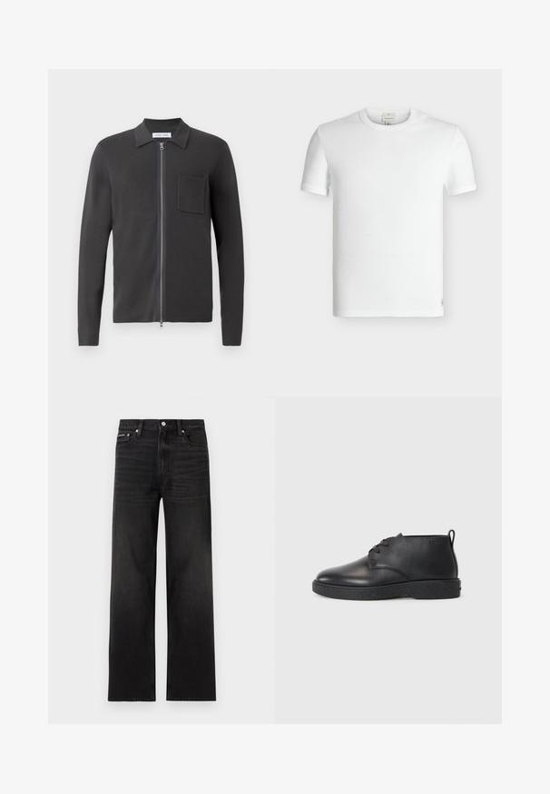 Samsøe Samsøe GUNA ZIP - Vest - black oyster; Effen witte korte mouw ribgebreide katoenen T-shirt met ronde hals en een klein genaaid label bij de onderzoom.; Zwarte jeans met rechte pijpen, vijf zakken, riemlussen en knoopsluiting, weergegeven op een witte achtergrond.; Zwarte leren enkelboots met een gladde textuur, ronde neus en zwarte rubberen zool. Voorzien van een vetersluiting en een hielbandje voor eenvoudig aan- en uittrekken.