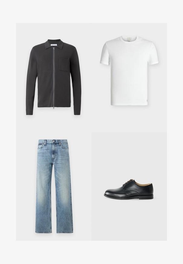 Samsøe Samsøe GUNA ZIP - Vest - black oyster; Effen witte korte mouw ribgebreide katoenen T-shirt met ronde hals en een klein genaaid label bij de onderzoom.; Lichtblauwe denim jeans met rechte pijpen, een hoge taille, vijf zakken, knoopsluiting en subtiele vervaging op de dijen en knieën.; Calvin Klein ESS DERBY - Veterschoenen - triple black