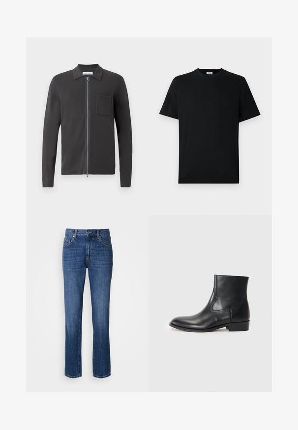 Samsøe Samsøe GUNA ZIP - Chaqueta de punto - black oyster; Camiseta básica negra de manga corta con cuello redondo, exhibida plana sobre un fondo blanco, con una pequeña etiqueta de la marca en el interior del collar.; Vaqueros de mezclilla en azul oscuro, con un corte clásico recto en la pierna, cinco bolsillos y detalles de botones metálicos. La tela tiene una textura suave.; Bota de tobillo de cuero negro con un diseño elegante, puntera afilada y costuras mínimas. Presenta un tacón bajo y apilado y una textura suave.