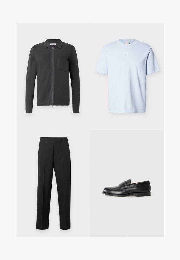 Samsøe Samsøe GUNA ZIP - Vest - black oyster; Lichtblauw katoenen T-shirt met een ronde hals en korte mouwen, met een kleine "Calvin Klein"-logo in het zwart op de borst gedrukt.; Zwarte rechte pantalon met ceintuurlussen, voorplooi en ritssluiting op een witte achtergrond.; Zwarte leren instappers met een ronde neus, gestikte details en een vlakke rubberen zool. Heeft een brede band over de wreef.