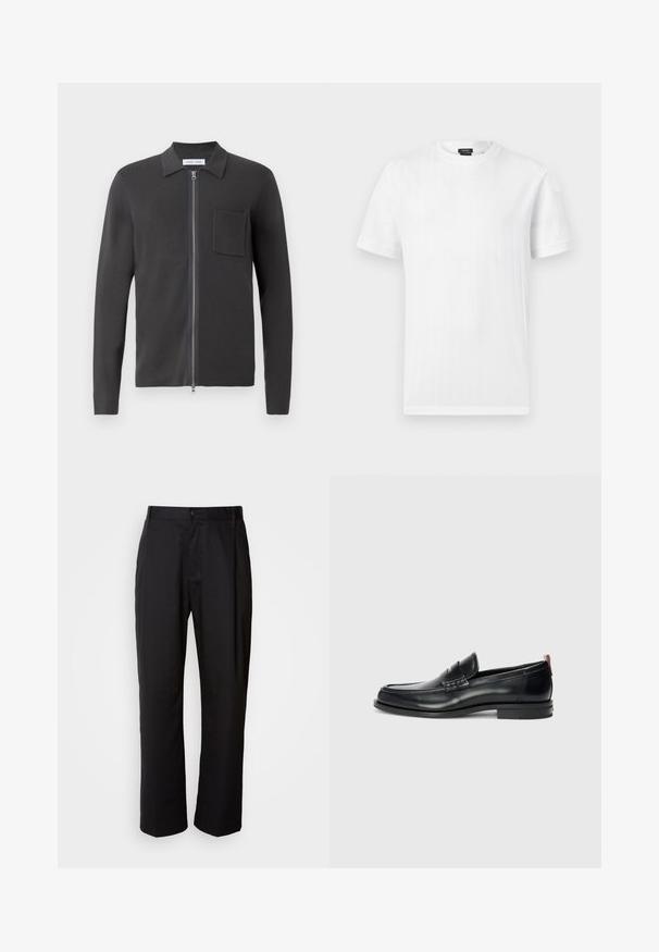 Samsøe Samsøe GUNA ZIP - Gilet - black oyster; T-shirt blanc à manches courtes et col rond, avec une subtile texture côtelée verticale, présenté sur un fond gris clair uni.; Pantalon noir à coupe droite, en tissu léger. Il dispose d'une fermeture à bouton sur le devant et de deux poches latérales ; texture lisse.; Mocassins en cuir noir au design élégant, à bout arrondi, avec une texture sur le devant et une semelle en caoutchouc pour une meilleure adhérence. Équipés d'une tirette à l'arrière.
