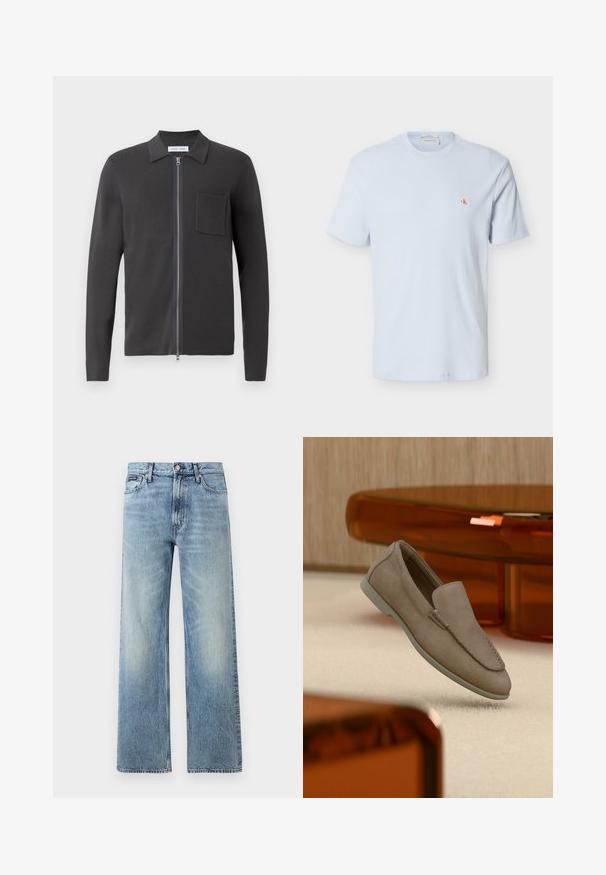 Samsøe Samsøe GUNA ZIP - Chaqueta de punto - black oyster; Camiseta de manga corta de color azul claro con tejido de gofre, cuello redondo y pequeño parche con el logo rojo "CK" en el pecho izquierdo.; Vaqueros de mezclilla azul claro de corte recto con cintura alta, cinco bolsillos, cierre de botón y sutil desgaste en los muslos y las rodillas.; Mocasín beige de ante sin cordones con costuras visibles y suela clara, posicionado sobre una alfombra color crema, con un mueble translúcido naranja en el fondo.