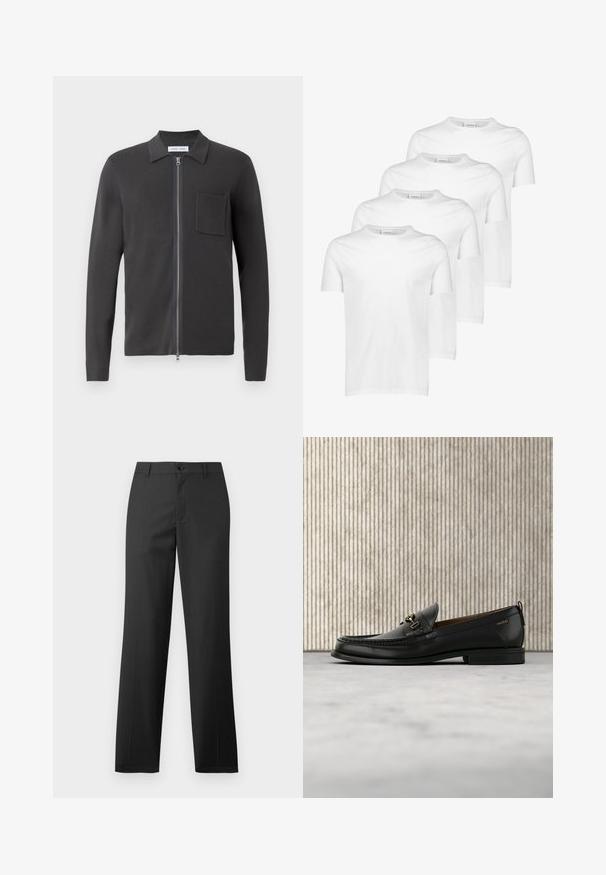 Samsøe Samsøe GUNA ZIP - Cardigan - black oyster; Hvide bomulds T-shirts, kortærmede, rund halsudskæring, glat tekstur, stableret i fire stykker med ensartet design uden mønstre eller accenter.; Samsøe Samsøe SAJOHNNY TROUSERS - Bukser - turkish coffee; Sort læderloafers med guldfarvet metaldekoration og "HUGO" branding, vist mod en beige tæppe og brunt gennemsigtigt møbel.