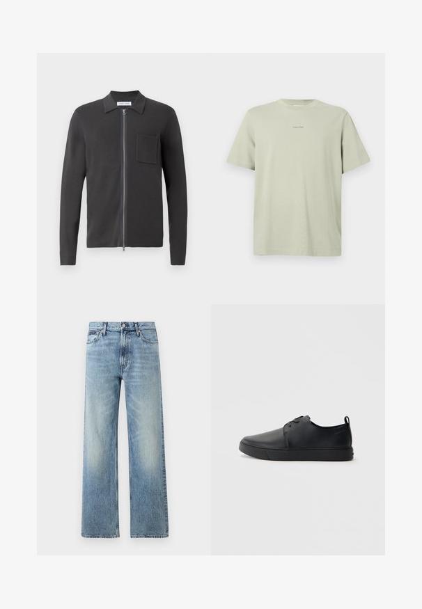 Samsøe Samsøe GUNA ZIP - Chaqueta de punto - black oyster; Camiseta de algodón verde clara con cuello redondo, mangas cortas y un pequeño logo de Calvin Klein en una tonalidad más oscura impreso en el pecho.; Vaqueros de mezclilla azul claro de corte recto con cintura alta, cinco bolsillos, cierre de botón y sutil desgaste en los muslos y las rodillas.; Zapatilla negra de cuero con acabado suave, punta redondeada, costuras a tono, cordones en la parte delantera y suela de goma plana. Asa en el talón.