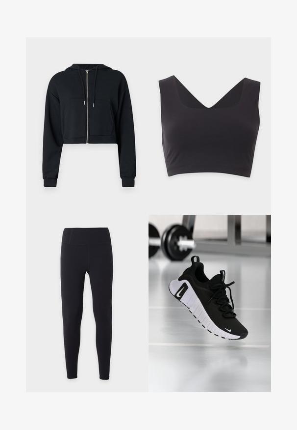 Sweat à capuche noir court en tissu doux, avec une fermeture éclair, des poches avant et des cordons sur la capuche. Manches longues avec poignets ajustés.; Crop top noir sans manches avec de larges bretelles et un profond décolleté en V sur un fond clair uni.; Leggings noirs taille haute, pleine longueur, avec une finition lisse, présentés à plat sur un fond blanc uni sans logos ni motifs visibles.; Chaussure de sport noire avec une tige en tissu texturé, une semelle blanche et un système de laçage prononcé. Présente un logo Nike et un design doux et rembourré.
