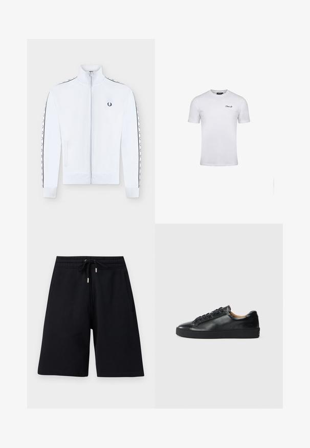 Veste de survêtement blanche à fermeture éclair avec col haut, manches longues avec bandes noires à logo laurier, poches latérales et petit logo noir brodé sur la poitrine.; T-shirt blanc uni à manches courtes avec petit logo noir script sur la poitrine gauche et col rond.; Shorts noirs mi-genoux avec taille élastique et cordon de serrage, dotés de poches latérales et d'une coupe décontractée.; Baskets en cuir noir avec une texture lisse, bout rond et fermeture à lacets. Comprend une semelle en caoutchouc épaisse et un minimum de détails de marque.