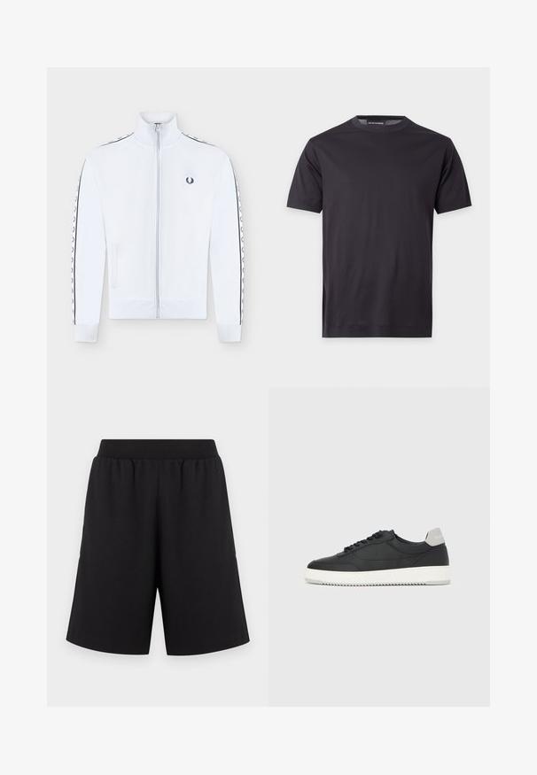 Veste de survêtement blanche à fermeture éclair avec col haut, manches longues avec bandes noires à logo laurier, poches latérales et petit logo noir brodé sur la poitrine.; T-shirt noir uni à manches courtes avec col rond, avec un petit logo ton sur ton sur la poitrine gauche et une étiquette de marque au niveau du col.; Shorts noirs avec une taille élastique, fabriqués en tissu doux, présentant des jambes à coupe droite et sans motifs ni accents apparents.; Baskets basses noires avec semelle blanche et languette grise au talon, vue de profil sur un fond blanc uni.