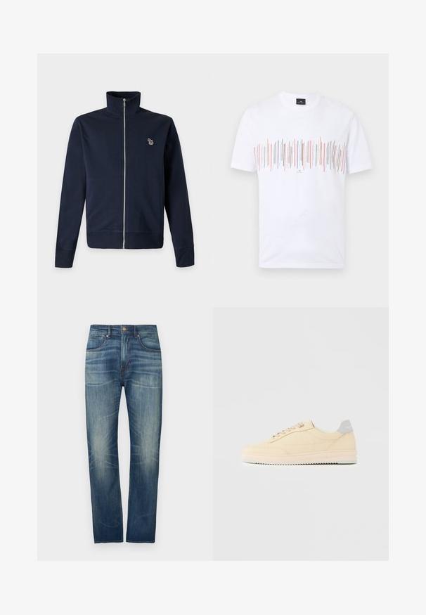 Veste bleu marine zippée avec un col montant et un petit logo zèbre multicolore sur la poitrine gauche.; T-shirt blanc à manches courtes avec des lignes verticales multicolores sur la poitrine et une petite étiquette noire au niveau de l'encolure.; Jean en denim bleu foncé à coupe droite, avec un léger délavage, cinq poches et une fermeture par bouton à la taille.; Baskets basses beige à lacets, semelle rose clair et languette grise à l'arrière marquée "Filling Pieces", vues de profil sur fond uni.