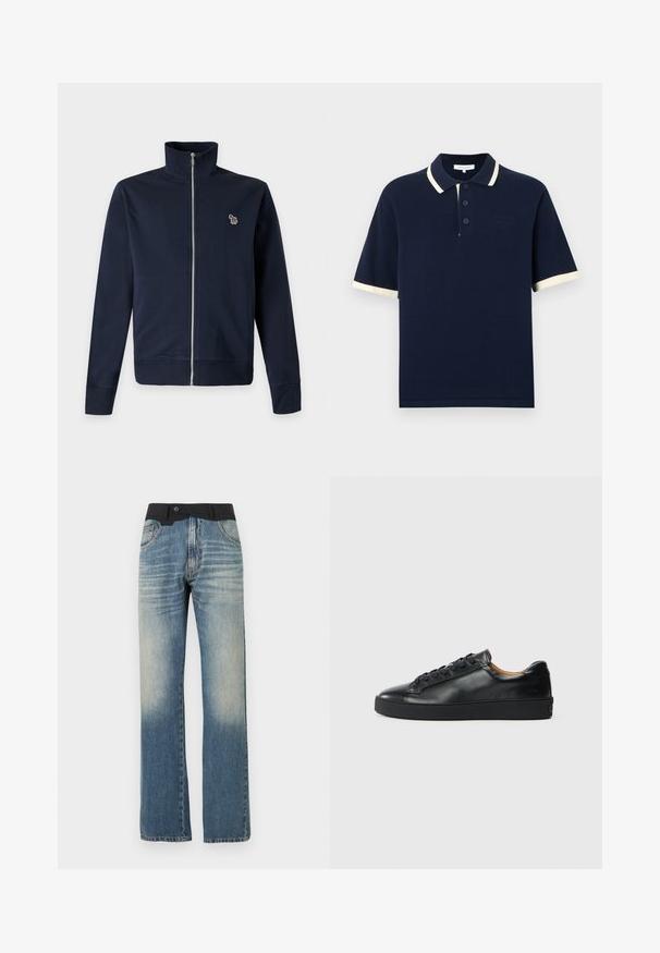 Veste bleu marine zippée avec un col montant et un petit logo zèbre multicolore sur la poitrine gauche.; Polo bleu marine à manches courtes avec trois boutons, bordure blanche sur le col et les bords des manches, et logo brodé discret sur la poitrine.; Jean en denim bleu à jambe droite avec effet délavé et détail de ceinture noire, comprenant des poches avant et une fermeture par bouton.; Baskets en cuir noir avec une texture lisse, bout rond et fermeture à lacets. Comprend une semelle en caoutchouc épaisse et un minimum de détails de marque.