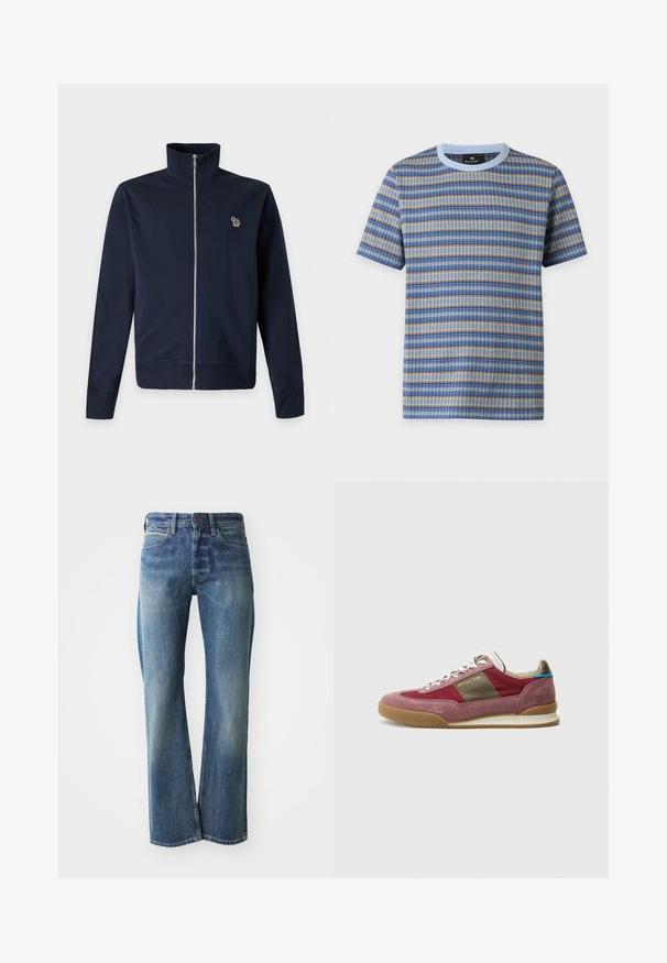 Veste bleu marine zippée avec un col montant et un petit logo zèbre multicolore sur la poitrine gauche.; T-shirt à manches courtes avec col rond, motif tricoté à rayures horizontales bleu, beige et gris et col bleu clair.; Jeans en denim de couleur bleu clair à moyen, coupe droite, design classique à cinq poches et décoloration subtile à l'avant.; Baskets avec une tige en suède bordeaux et tissu, des accents beiges, et une semelle extérieure en caoutchouc gomme ; elles présentent des œillets métalliques et des lacets.