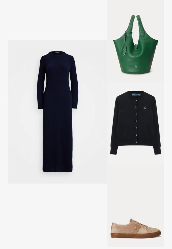 Sort knap-front cardigan med lange ærmer, rund halsudskæring og hvidt Polo Ralph Lauren-logo broderet på venstre bryst.; Mørkeblå, langærmet strikket kjole med rund hals og tætsiddende silhuet, der når anklerne. Glat tekstur og minimalt design.; Beige ruskind lav-sneaker med brun gummisål, matchende snørebånd og et lille guld "RLL" logo på siden.; Grøn tekstureret lædertaske med dobbelte håndtag, et lille logo foran og en hængende mærkat på en ensfarvet baggrund.
