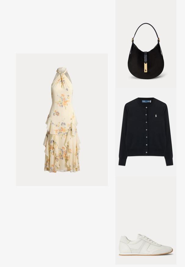 Čierny cardigan s gombíkmi, dlhými rukávmi, okrúhlym výstrihom a vyšitým bielym logom Polo Ralph Lauren na ľavej hrudi.; Bezrukávové krémové šaty s pastelovou kvetinovou potlačou a detailmi viacvrstvovej sukne s volánmi.; Biela nízka teniska so šnurovaním vpredu, zsemišovými a koženými panelmi a svetlohnedou gumovou podrážkou na bielom pozadí.; Čierna semišová polmesiacová kabelka s jedným čiernym remienkom a zlatým zapínaním s logom hráča póla.