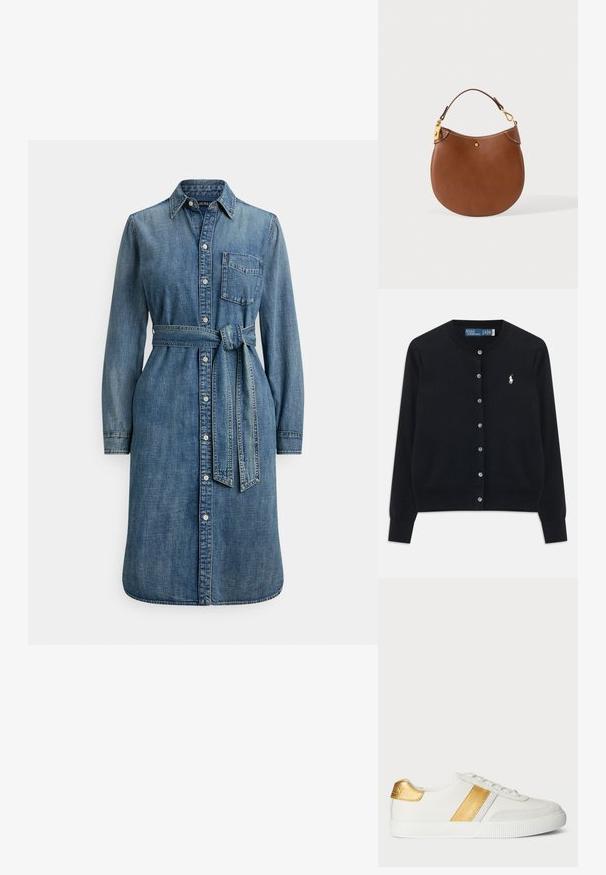 Čierny cardigan s gombíkmi, dlhými rukávmi, okrúhlym výstrihom a vyšitým bielym logom Polo Ralph Lauren na ľavej hrudi.; Rifľové košeľové šaty s dlhými rukávmi, zapínaním na gombíky vpredu, náprsným vreckom a pásikom z rovnakého materiálu. Farba: stredne modrá s textúrovaným povrchom.; Biele tenisky vyrobené zo syntetického materiálu, s kovovou zlatou prúžkou a akcentom na päte, so štruktúrovanou gumovou podrážkou.; Hnedá kožená kabelka s zaobleným dnom, jedným krátkym popruhom a zlatými detailmi na zips a gombíku na jednofarebnom pozadí.