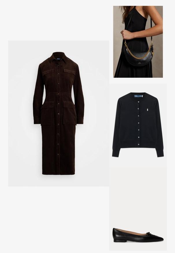 Čierny cardigan s gombíkmi, dlhými rukávmi, okrúhlym výstrihom a vyšitým bielym logom Polo Ralph Lauren na ľavej hrudi.; Hnedé kordové šaty košeľového strihu s predným zapínaním na gombíky, dvoma náprsními vreckami a dvoma postrannými vreckami. Dlhé rukávy s gombíkovými manžetami.; Čierna kožená balerína s ostrou špičkou a malým mašličkovým detailom na vrchu, nízkym opätkom a béžovou vnútornou podšívkou.; Žena v čiernych šatách drží čiernu koženú kabelku v tvare polmesiaca so zlatým reťazcom a popruhom cez plece.