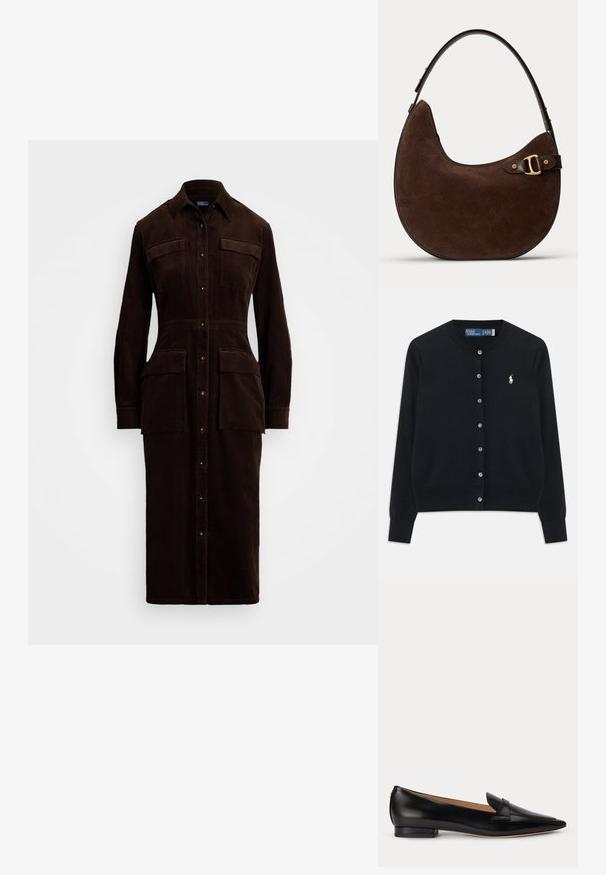 Čierny cardigan s gombíkmi, dlhými rukávmi, okrúhlym výstrihom a vyšitým bielym logom Polo Ralph Lauren na ľavej hrudi.; Hnedé kordové šaty košeľového strihu s predným zapínaním na gombíky, dvoma náprsními vreckami a dvoma postrannými vreckami. Dlhé rukávy s gombíkovými manžetami.; Čierna kožená rovná obuv s špicatou špičkou, nízkym opätkom a remienkom vpredu, zobrazená zboku na bielom pozadí.; Hnedá semišová kabelka v tvare polmesiaca s tmavým nastaviteľným koženým remienkom a detailom zlatého kovania na jednofarebnom pozadí.