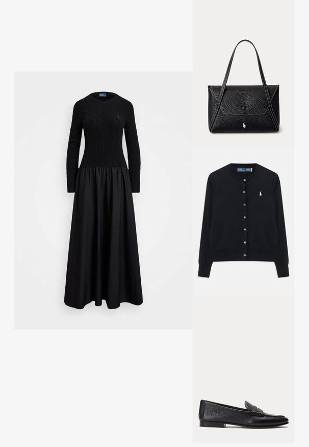 Gilet noir à boutons avec manches longues, col rond, et logo Polo Ralph Lauren brodé en blanc sur la poitrine gauche.; Robe noire avec un haut texturé en tricot torsadé et une jupe fluide et froncée. Encolure ronde et manches longues.; Mocassin en cuir texturé noir avec petit talon et détail classique de bride à pièce, présenté de profil sur un fond clair uni.; Sac à main en cuir texturé noir avec rabat à bouton unique, deux bretelles, coutures blanches et petit logo cheval blanc à l'avant.
