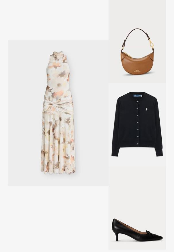 Must sõlgaga must kardigan pikade varrukatega, ümar kaelus ja valge Polo Ralph Laureni logo tikitud vasakule rinda.; Bardot LEANNA - Pidulikud riided - ivory floral; Mustast nahast terava otsaga kingad madala kassi kontsaga ja väike dekoratiivne lips peal, näidatud külgprofiilis valgel taustal.; Pruun nahast käekott, millel on kõver kuju, kuldsed detailid ja lühike sang. Omab tõmbluku sulgemist ja reljeefset brändi logo.
