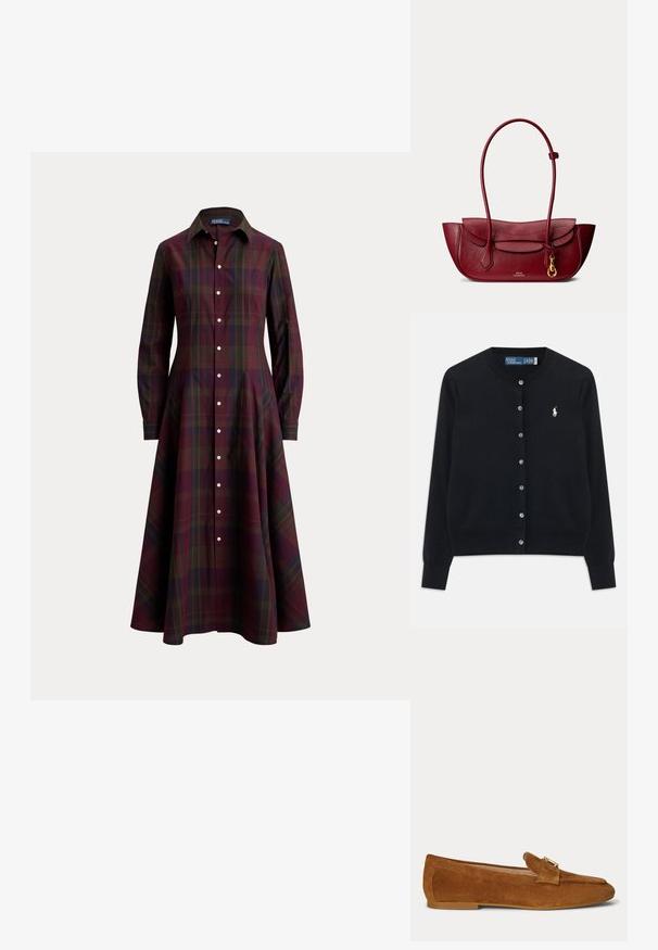 Gilet noir à boutons avec manches longues, col rond, et logo Polo Ralph Lauren brodé en blanc sur la poitrine gauche.; Robe à manches longues boutonnée, motif à carreaux foncé en bordeaux, vert et marine, avec col et jupe évasée.; Mocassin plat en daim marron avec un détail de boucle en métal doré sur le dessus et une semelle à petit talon.; Sac à bandoulière en cuir rouge avec longues anses, fermeture à rabat et petit fermoir doré sur le devant.