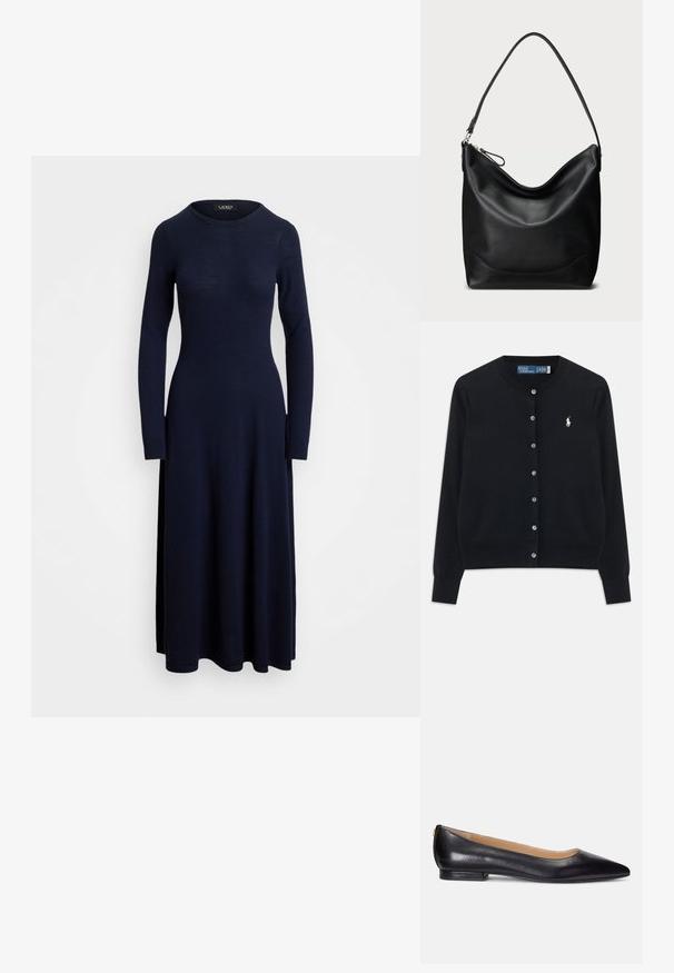 Musta napillinen villapaita, jossa on pitkät hihat, pyöreä pääntie ja valkoinen Polo Ralph Lauren -logo brodeerattuna vasempaan rintaan.; Sinine pikkade varrukatega kleit ümmarguse kaeluse ja sobitatud rinnaosaga, voolates laia hemmini. Valmistatud pehmest, struktuurse kohvikangasest.; Musta nahkainen ballet-kengät, joissa on terävä kärki, matala korko ja kultainen yksityiskohta korkolapussa. Sujuva pinta klassisella siluetilla.; Musta nahkainen olkalaukku, jossa on kaareva muoto, ylävetoketjulla suljettava ja yksi hihna, sileä pinta ja hillityt metalliosat.