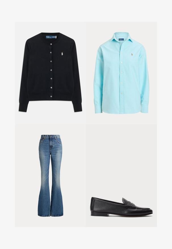 Čierny cardigan s gombíkmi, dlhými rukávmi, okrúhlym výstrihom a vyšitým bielym logom Polo Ralph Lauren na ľavej hrudi.; Svetlomodrá košeľa s dlhým rukávom, zapínaná na gombíky, s golierom a malým vyšitým logom na ľavej strane hrude.; Modré rifle s vysokým pásom s rozšírenými nohavicami a miernym vyblednutím v prednej oblasti stehna, zobrazené na bielom pozadí.; Čierne kožené loafers s textúrovaným povrchom, vybavené dekoratívnym pásikom a plochým podpätkom. Elegatný, minimalistický dizajn s okrúhlou špičkou.