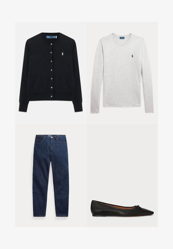 Čierny cardigan s gombíkmi, dlhými rukávmi, okrúhlym výstrihom a vyšitým bielym logom Polo Ralph Lauren na ľavej hrudi.; Svetlosivé tričko s dlhým rukávom a okrúhlym výstrihom s malým tmavomodrým logom Polo Ralph Lauren na ľavej strane hrude.; Tmavomodré denimové džínsy s rovnými nohavicami, prednými vreckami, pútkami na opasok a zapínaním na gombík v páse.; Čierne kožené balerínky s špicatou špičkou, štíhlym strihom a malou mašľou na prednej strane. Hladká textura a minimalistický dizajn.