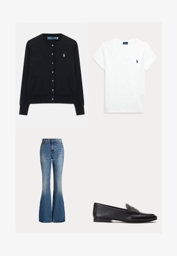 Čierny cardigan s gombíkmi, dlhými rukávmi, okrúhlym výstrihom a vyšitým bielym logom Polo Ralph Lauren na ľavej hrudi.; Biele tričko s krátkym rukávom a výstrihom do V, s malým tmavomodrým logom Polo Ralph Lauren na ľavej strane hrude.; Modré rifle s vysokým pásom s rozšírenými nohavicami a miernym vyblednutím v prednej oblasti stehna, zobrazené na bielom pozadí.; Čierny textúrovaný kožený mokasín s nízkym podpätkom a klasickým remienkom na mincu, zobrazený z profilu na jednoduchom svetlom pozadí.