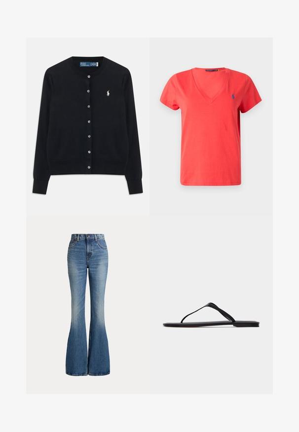 Čierny cardigan s gombíkmi, dlhými rukávmi, okrúhlym výstrihom a vyšitým bielym logom Polo Ralph Lauren na ľavej hrudi.; Červené polo tričko s krátkym rukávom a výstrihom do V s malým modrým vyšívaným logom na ľavej strane hrudníka.; Modré rifle s vysokým pásom s rozšírenými nohavicami a miernym vyblednutím v prednej oblasti stehna, zobrazené na bielom pozadí.; Čierna plochá žabka s tenkými remienkami a minimalistickým dizajnom zobrazená zboku na jednofarebnom svetlom pozadí.