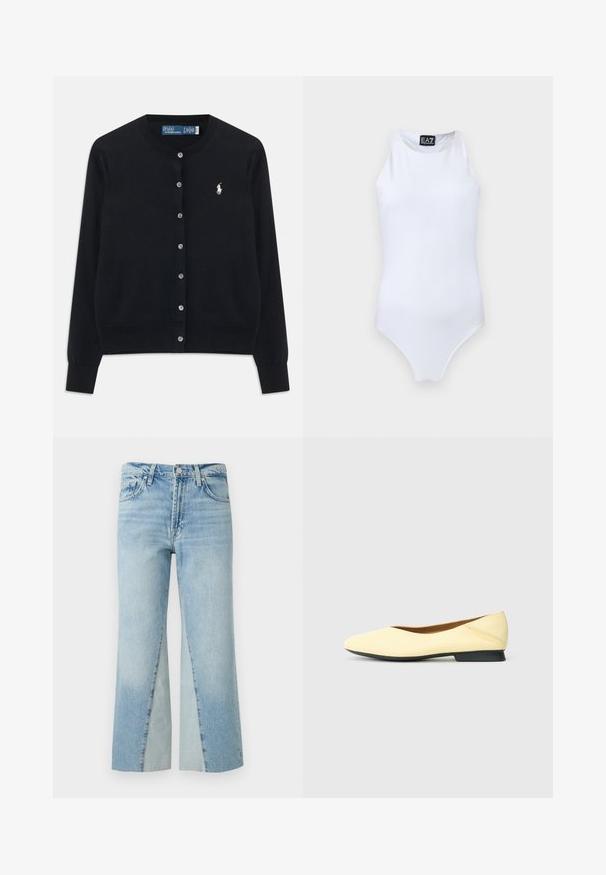 Musta napillinen villapaita, jossa on pitkät hihat, pyöreä pääntie ja valkoinen Polo Ralph Lauren -logo brodeerattuna vasempaan rintaan.; Valkoinen hihaton yhden kappaleen uimapuku, jossa on korkea kaula-aukko ja EA7 Emporio Armani -logo rinnassa sekä sisäetiketissä.; Vaaleansiniset farkut korkealla vyötäröllä, napilla ja vetoketjulla suljettava, etutaskut ja leveät suorat lahkeet.; Keltainen litteä kenkä, jossa on sileä nahkapinta, terävä kärki ja matala musta korko. Minimalistinen muotoilu hillityillä ompelutiedoilla.