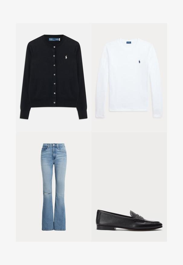 Čierny cardigan s gombíkmi, dlhými rukávmi, okrúhlym výstrihom a vyšitým bielym logom Polo Ralph Lauren na ľavej hrudi.; Biele tričko s dlhým rukávom a okrúhlym výstrihom, s malým tmavomodrým logom Polo Ralph Lauren na ľavej strane hrude.; Svetlomodré rozšírené rifle s vysokým pásom, prednými vreckami, zapínaním na gombík a zips, a malým roztrhnutím v oblasti ľavého kolena.; Čierne kožené loafers s textúrovaným povrchom, vybavené dekoratívnym pásikom a plochým podpätkom. Elegatný, minimalistický dizajn s okrúhlou špičkou.