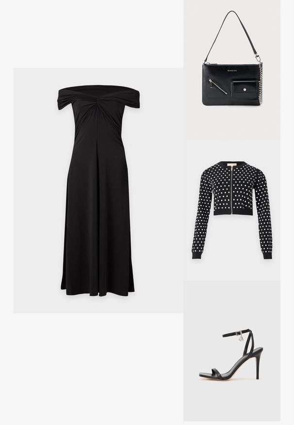 Cardigan court noir à pois blancs, manches longues, poignets et ourlet côtelés, avec une fermeture éclair argentée à l'avant.; Robe longue noire épaules dénudées avec un nœud torsadé au niveau de la poitrine et une jupe fluide sur fond uni.; Sandale à talon haut noire avec une bride étroite à la cheville, bout carré, cuir lisse et accent de boucle métallique.; Sac à bandoulière en cuir noir Michael Kors avec fermeture éclair supérieure, poche avant zippée en diagonale, poche à rabat avec bouton-pression et détail en chaîne argentée.