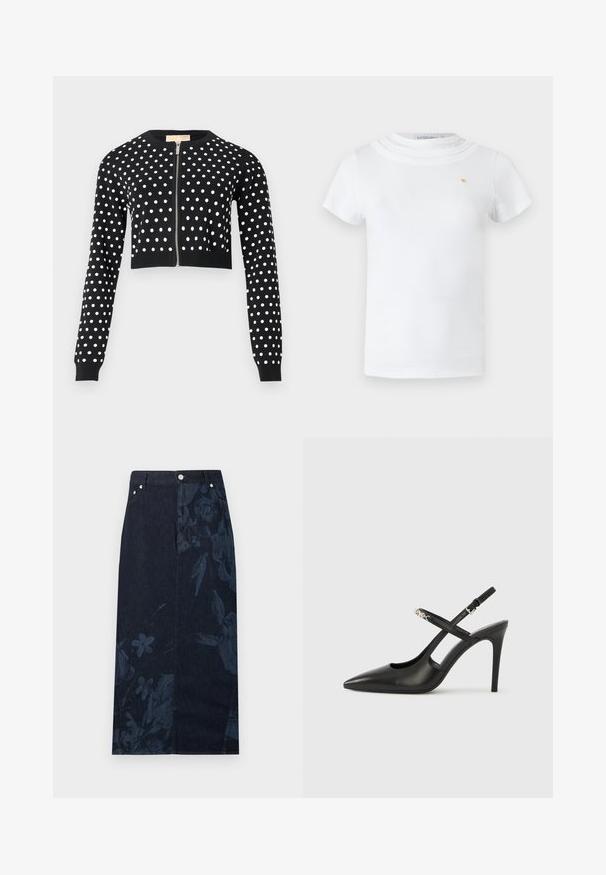Cardigan court noir à pois blancs, manches longues, poignets et ourlet côtelés, avec une fermeture éclair argentée à l'avant.; T-shirt blanc à manches courtes avec un col rond superposé et un petit emblème doré sur la poitrine gauche.; Jupe midi en denim bleu foncé avec un imprimé floral subtil sur un côté et des poches avant avec une taille à fermeture par bouton.; Escarpins slingback en cuir noir avec bout pointu, design ajouré et bride ajustable ornée de ferrures métalliques.