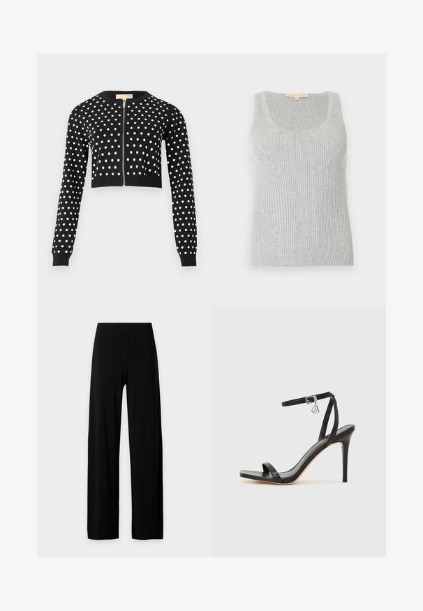 Cardigan court noir à pois blancs, manches longues, poignets et ourlet côtelés, avec une fermeture éclair argentée à l'avant.; Débardeur côtelé gris avec un col en U, fabriqué à partir d'un tissu tricoté texturé. Présente une silhouette ajustée et des détails de couture minimalistes.; Pantalon noir taille haute à jambes larges avec un devant lisse sans poches ni ornements visibles.; Sandale à talon haut noire avec une bride étroite à la cheville, bout carré, cuir lisse et accent de boucle métallique.