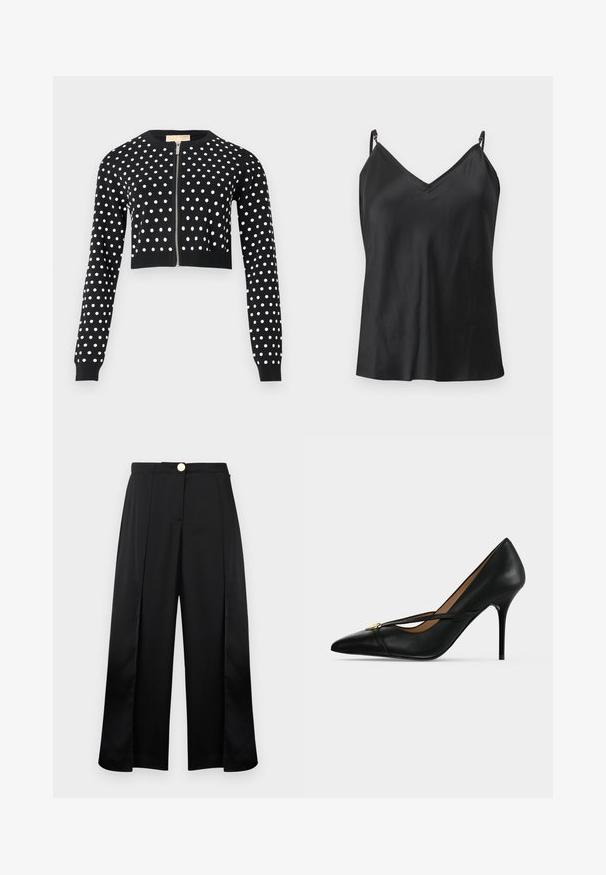 Cardigan court noir à pois blancs, manches longues, poignets et ourlet côtelés, avec une fermeture éclair argentée à l'avant.; Haut caraco en satin noir avec bretelles fines réglables et encolure en V, présenté sur un fond gris clair.; Pantalon large noir à taille haute, avec plis sur le devant, fentes latérales et fermeture par bouton doré.; Chaussure à talon haut en cuir noir avec bout pointu et fine bride sur le dessus, maintenue par une petite boucle dorée sur un fond uni.