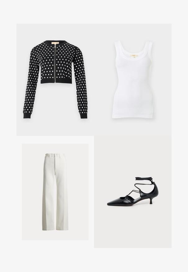 Cardigan court noir à pois blancs, manches longues, poignets et ourlet côtelés, avec une fermeture éclair argentée à l'avant.; Débardeur blanc côtelé sans manches avec encolure dégagée, présenté à plat sur un fond clair.; Pantalon à jambes larges et taille haute en denim blanc. Il présente un devant épuré avec une fermeture boutonnée cachée et des coutures discrètes pour la structure.; Chaussure noire à bout pointu et talon kitten avec brides autour de la cheville et détails découpés sur les côtés, présentée sur un fond uni clair.